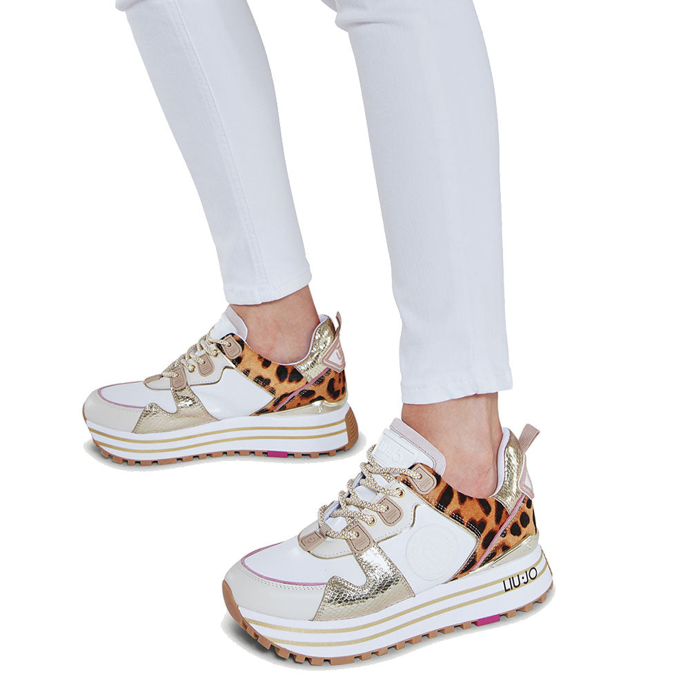 Damenschuhe LIU JO Maxi Wonder 47 Plateau-Sneaker aus Leder und Ponyhaarfarbe Leopard und Muschel