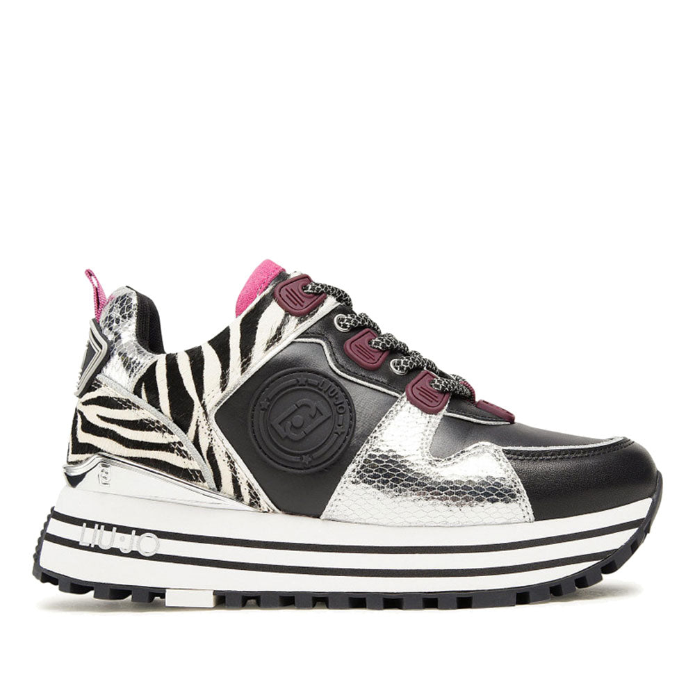 Scarpe Donna LIU JO Sneakers Platform Maxi Wonder 47 in Pelle e Pony Hair colore Zebra White e Black