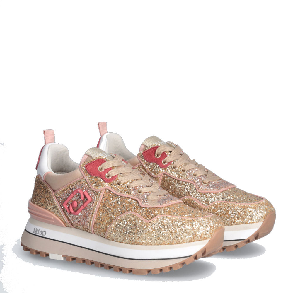 Damenschuhe LIU JO Maxi Wonder 24 Plateau-Sneaker mit Allover-Glitzer in der Farbe Gold