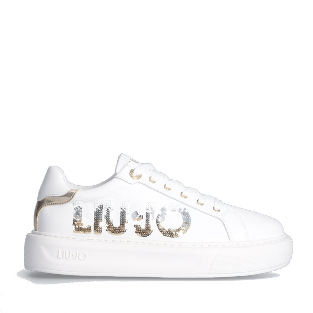 Damenschuhe LIU JO Kylie 22 Plateau-Sneaker aus weißem Leder mit Maxi-Pailletten-Logo