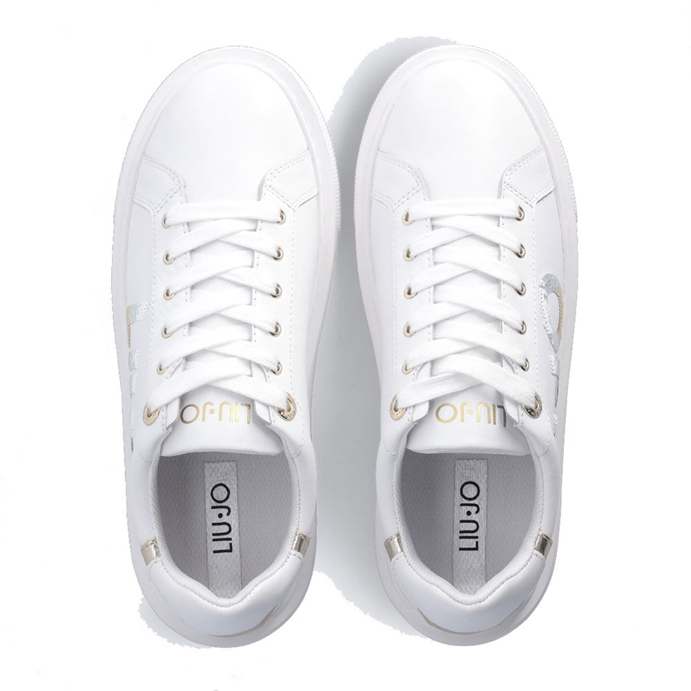 Damenschuhe LIU JO Kylie 22 Plateau-Sneaker aus weißem Leder mit Maxi-Pailletten-Logo