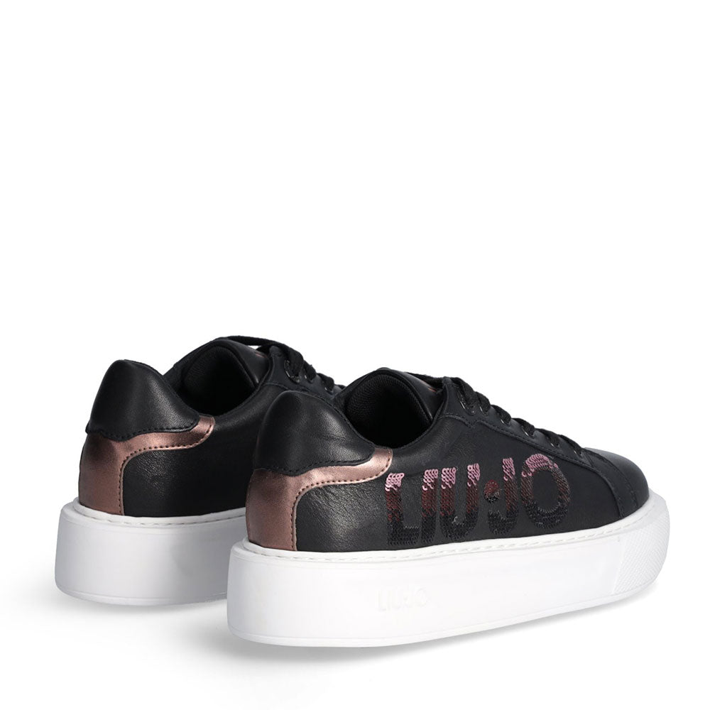 Scarpe Donna LIU JO Kylie 22 Sneakers Platform in Pelle Nera con Maxi Logo di Paillettes