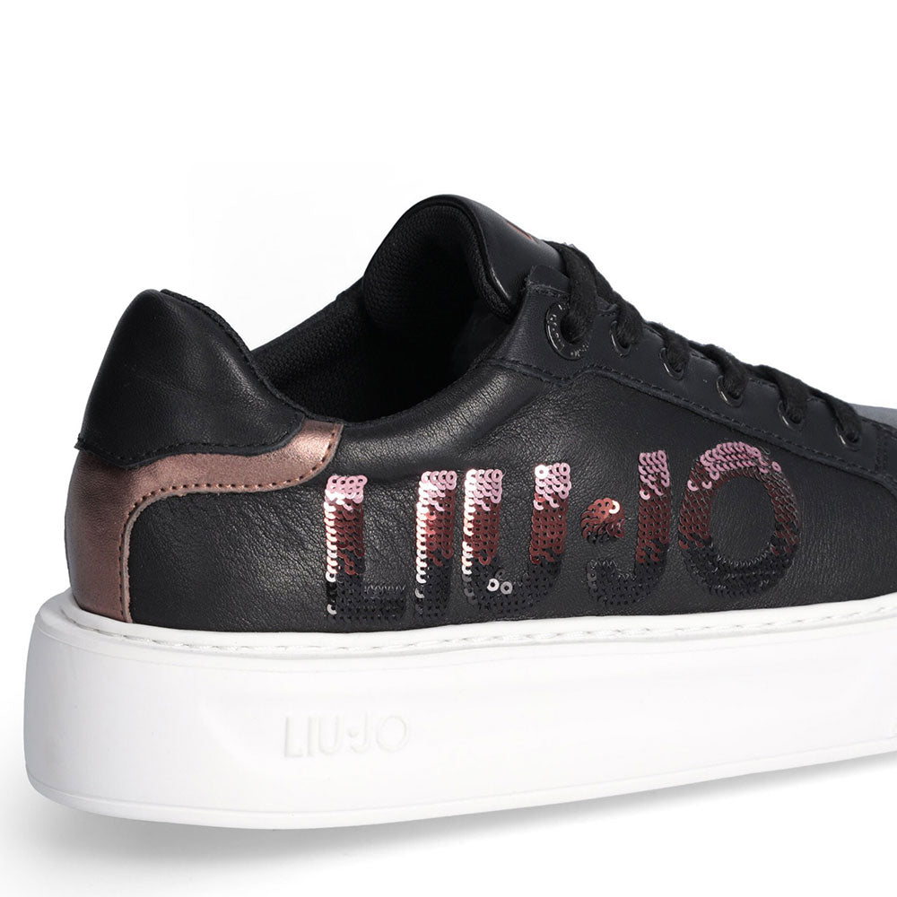 Scarpe Donna LIU JO Kylie 22 Sneakers Platform in Pelle Nera con Maxi Logo di Paillettes