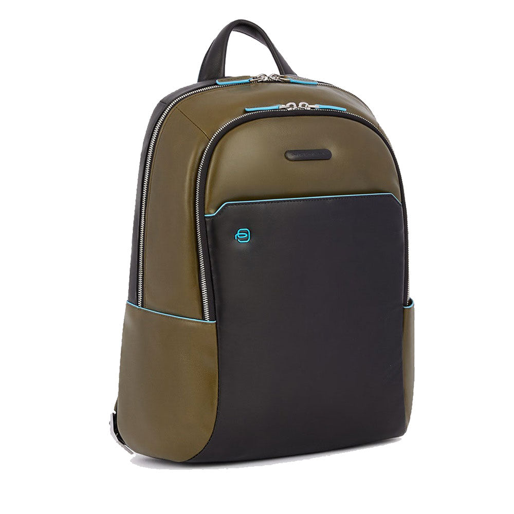 PIQUADRO 14" Laptop-Rucksack Blue Square Line aus grünem Leder - Schwarz - CA3214B2