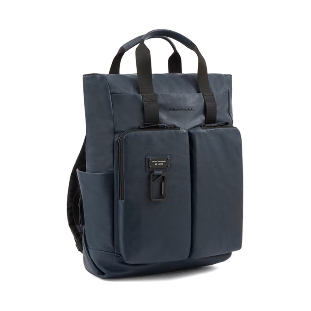 PIQUADRO Rucksack mit zwei Griffen und 15-Zoll-Computerhalter aus blauem Leder, Harper Line – CA6108AP