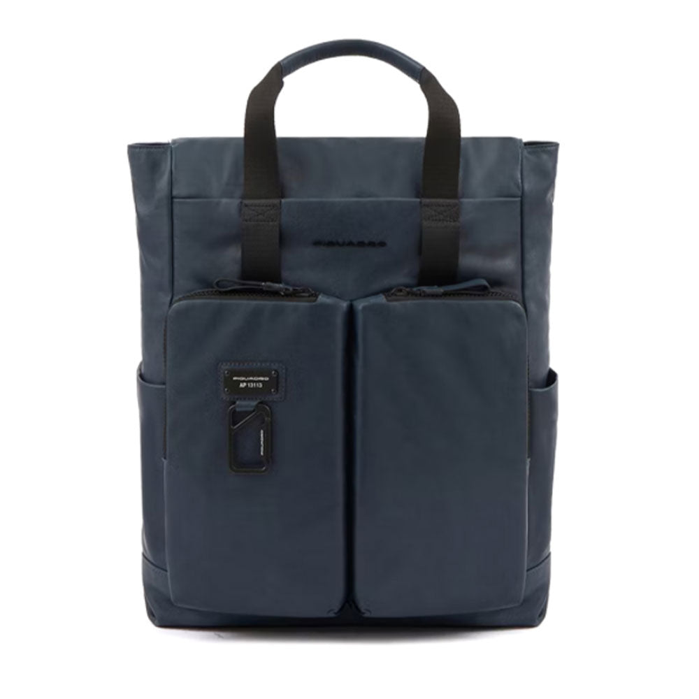 PIQUADRO Rucksack mit zwei Griffen und 15-Zoll-Computerhalter aus blauem Leder, Harper Line – CA6108AP