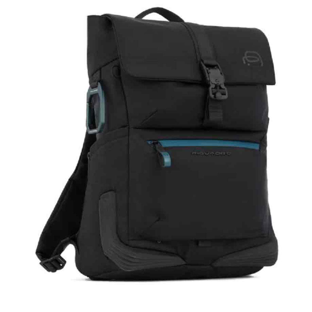 PIQUADRO Roll-Top-Rucksack mit 15-Zoll-PC-Halterung aus recyceltem Stoff, Farbe Schwarz – CA6144C2O