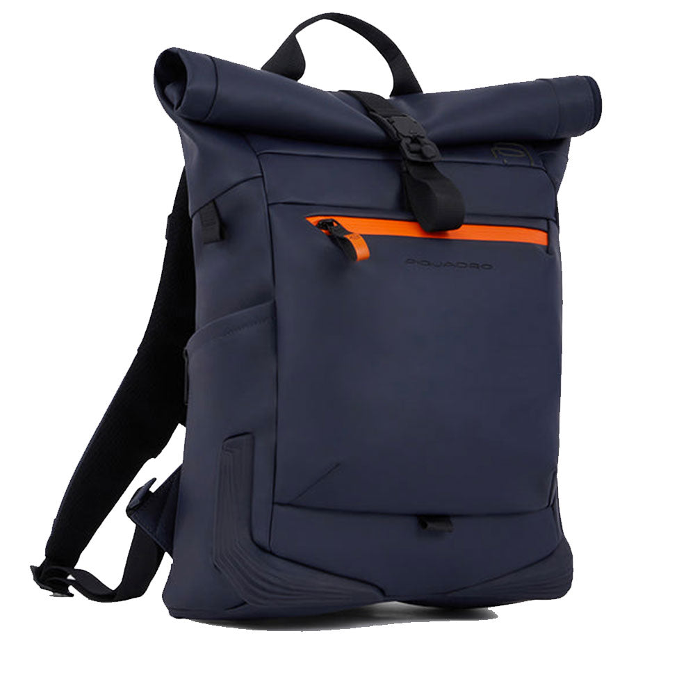 PIQUADRO Roll-Top-Rucksack mit 15,6-Zoll-PC-Halterung aus gummiertem Stoff, Farbe Blau – CA6291C2OW