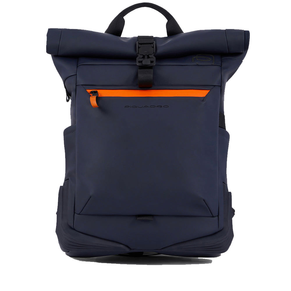 PIQUADRO Roll-Top-Rucksack mit 15,6-Zoll-PC-Halterung aus gummiertem Stoff, Farbe Blau – CA6291C2OW