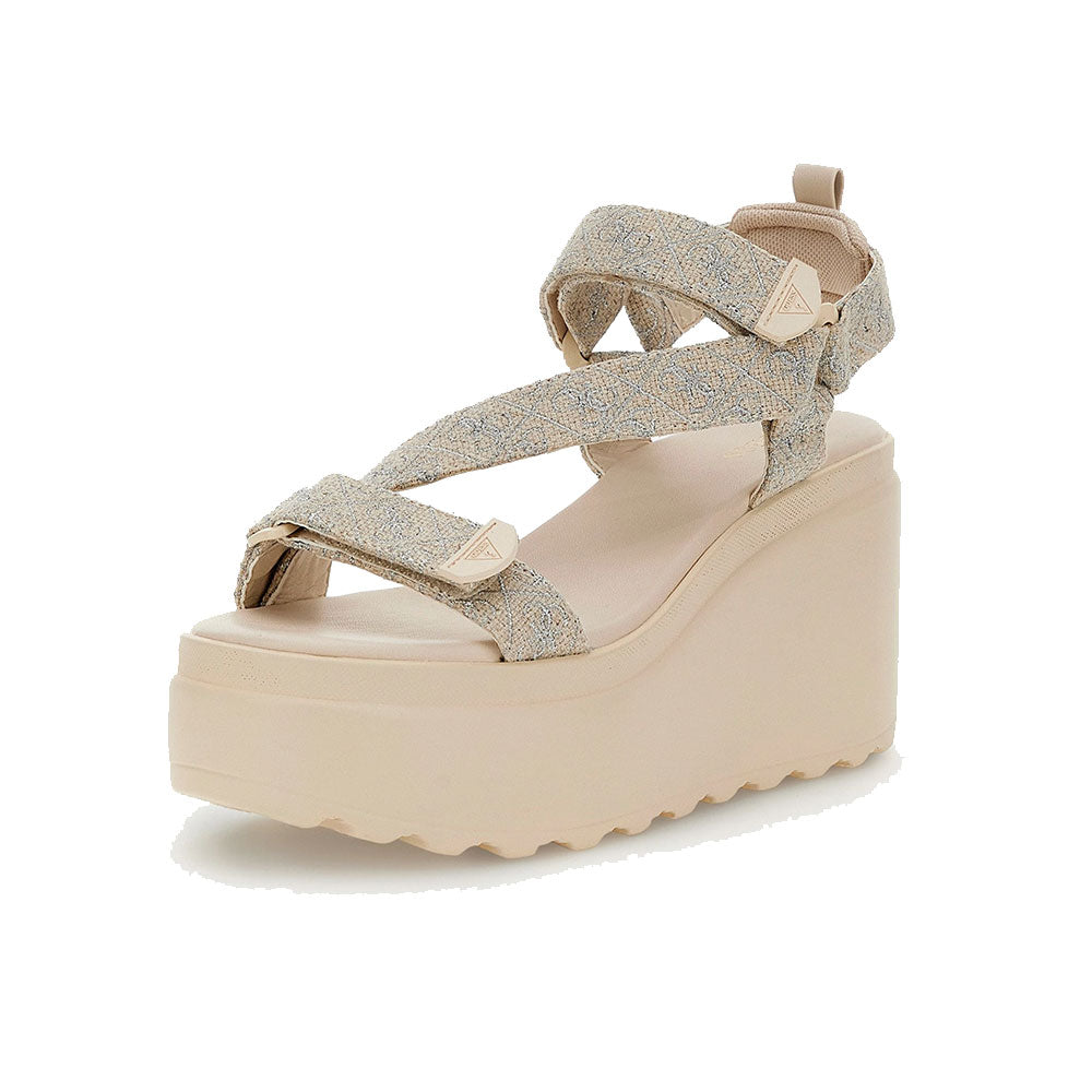 Damensandalen mit Keilabsatz GUESS Ocilia-Linie Farbe Beige - Silber