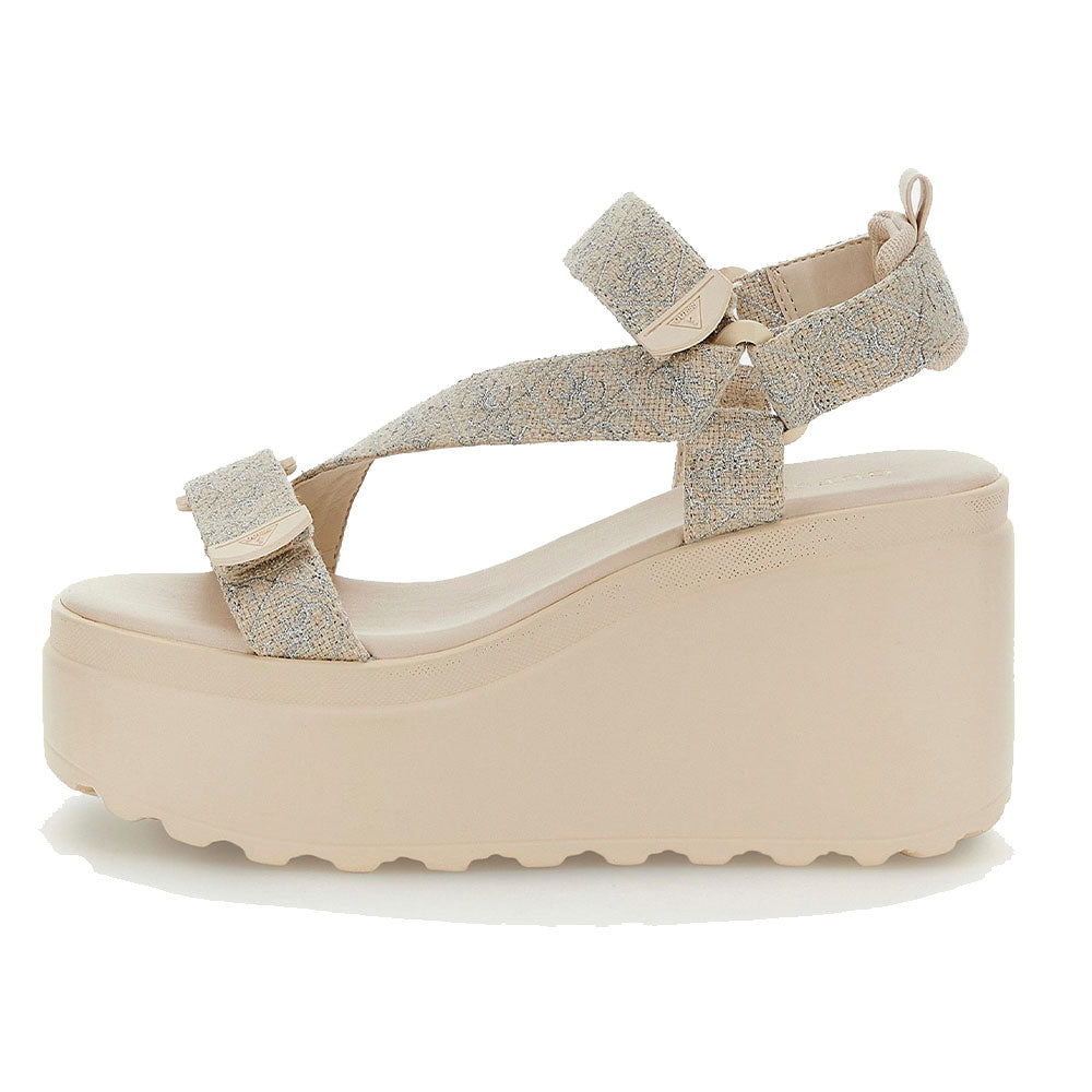 Damensandalen mit Keilabsatz GUESS Ocilia-Linie Farbe Beige - Silber