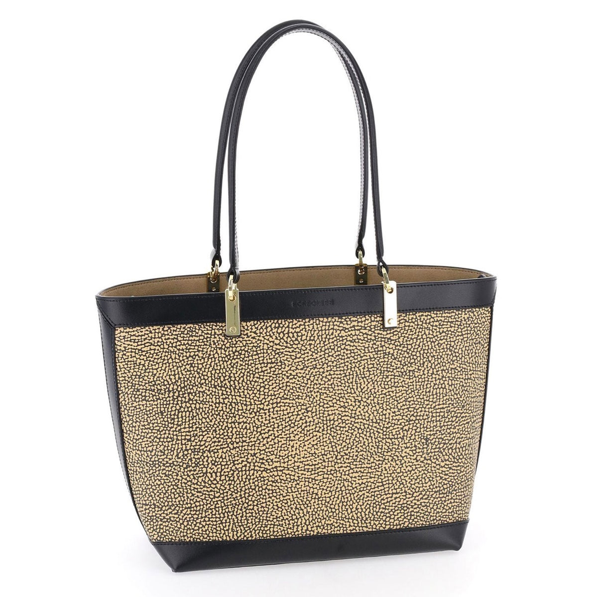 BORBONESE Damen-Schulter-Shopper-Tasche aus Graffiti-Stoff und Leder, OP Natur und Schwarz