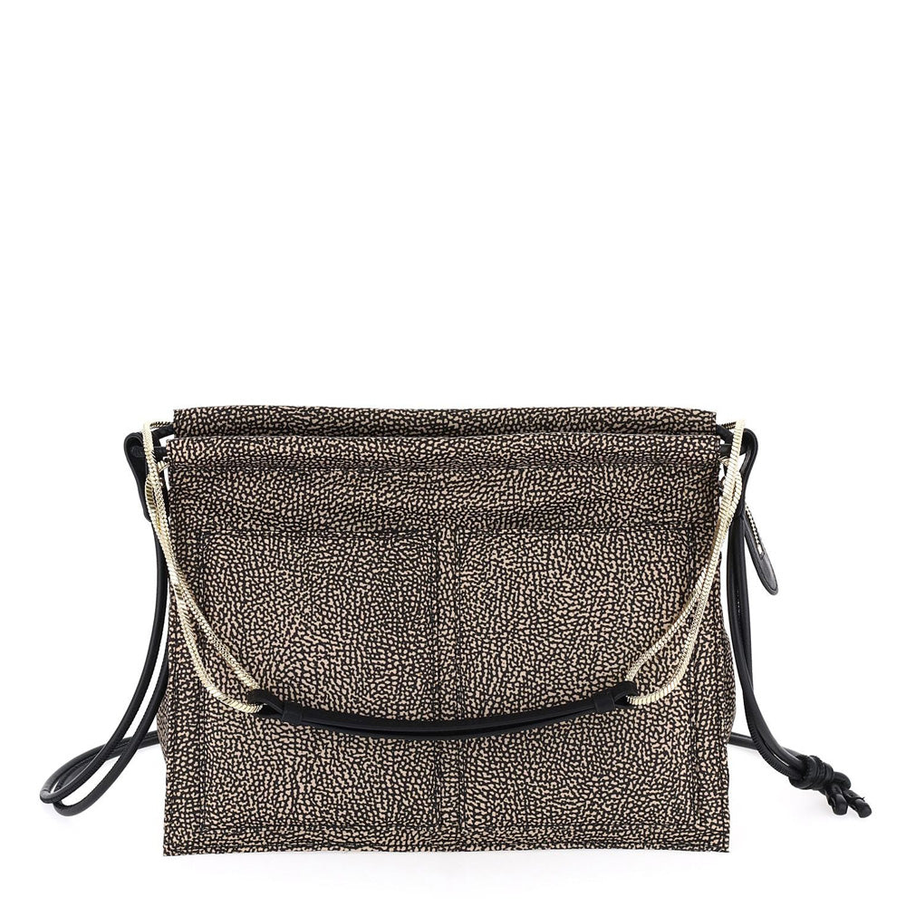 BORBONESE Damen-Umhängetasche und Schultergurt Tender Medium aus Jet Op-Stoff, Natur und Schwarz