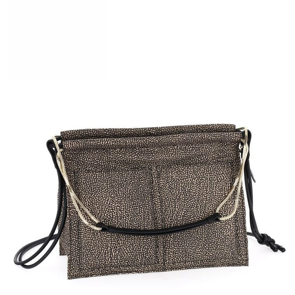 BORBONESE Damen-Umhängetasche und Schultergurt Tender Medium aus Jet Op-Stoff, Natur und Schwarz