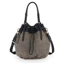 BORBONESE Damen-Eimerhandtasche New Classic aus natürlichem und schwarzem Jet Op-Stoff und Leder