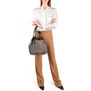 BORBONESE Damen-Eimerhandtasche New Classic aus natürlichem und schwarzem Jet Op-Stoff und Leder