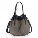 BORBONESE Damen-Eimerhandtasche New Classic aus natürlichem und schwarzem Jet Op-Stoff und Leder