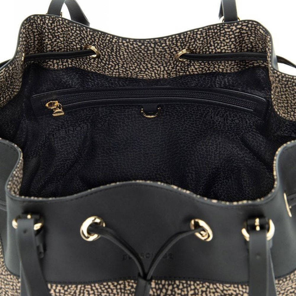 BORBONESE Damen-Eimerhandtasche New Classic aus natürlichem und schwarzem Jet Op-Stoff und Leder
