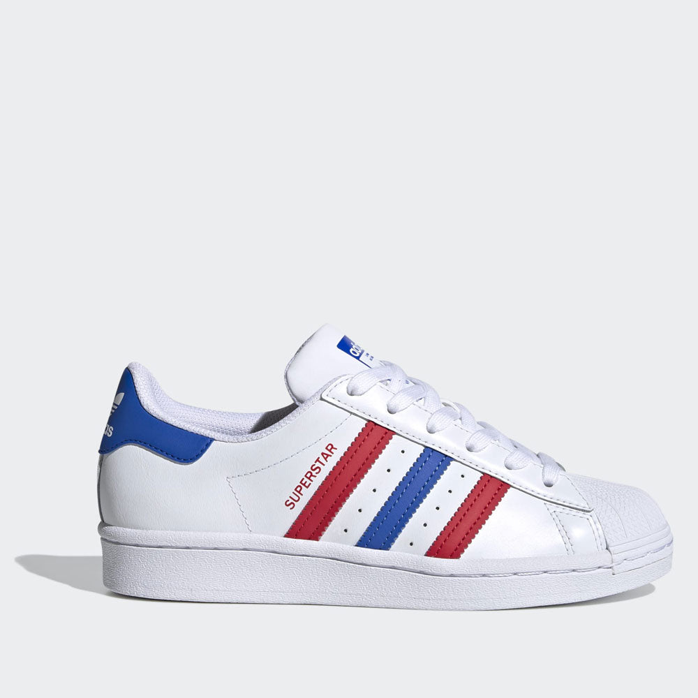 Scarpe Donna ADIDAS Sneakers linea Superstar J in Pelle Bianco Blu e Rosso