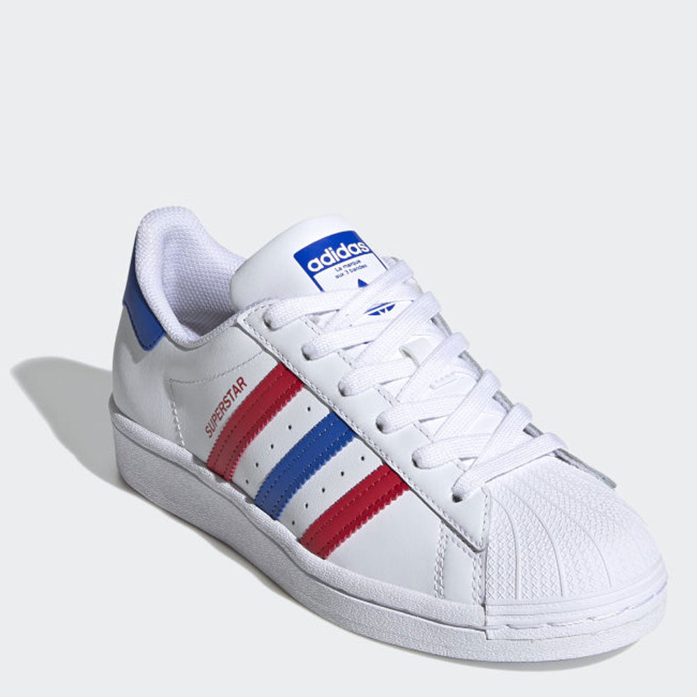 Scarpe Donna ADIDAS Sneakers linea Superstar J in Pelle Bianco Blu e Rosso