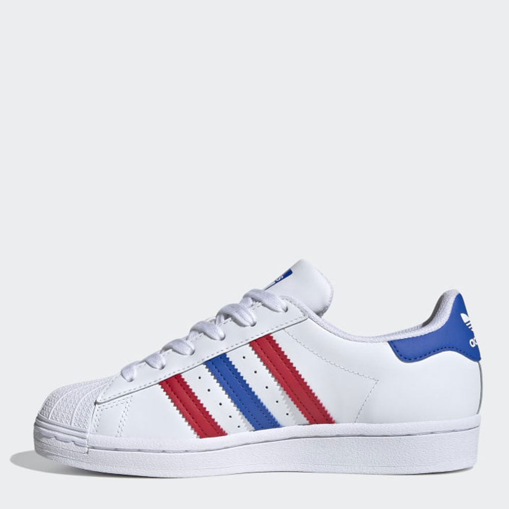 Scarpe Donna ADIDAS Sneakers linea Superstar J in Pelle Bianco Blu e Rosso