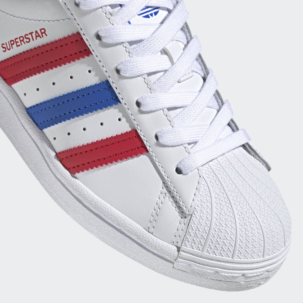 Scarpe Donna ADIDAS Sneakers linea Superstar J in Pelle Bianco Blu e Rosso