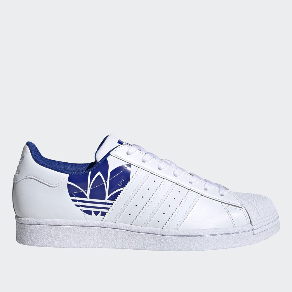 Scarpe Uomo ADIDAS Sneakers linea Superstar in Pelle Bianca con Maxi Logo Royal Blu