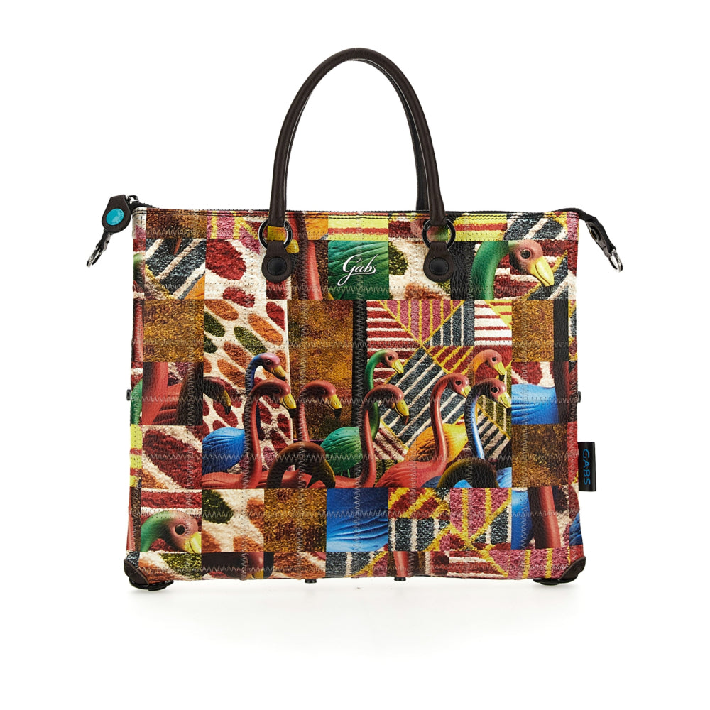 Borsa Donna a Mano con Tracolla GABS G3 PLUS Trasformabile in Pelle Patchwork stampa Fenicotteri Large