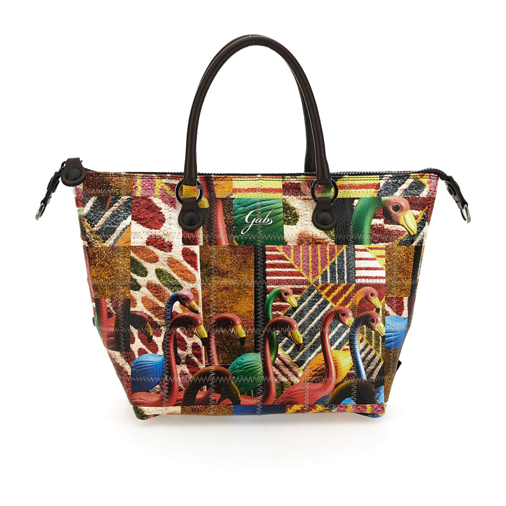 Borsa Donna a Mano con Tracolla GABS G3 PLUS Trasformabile in Pelle Patchwork stampa Fenicotteri Large