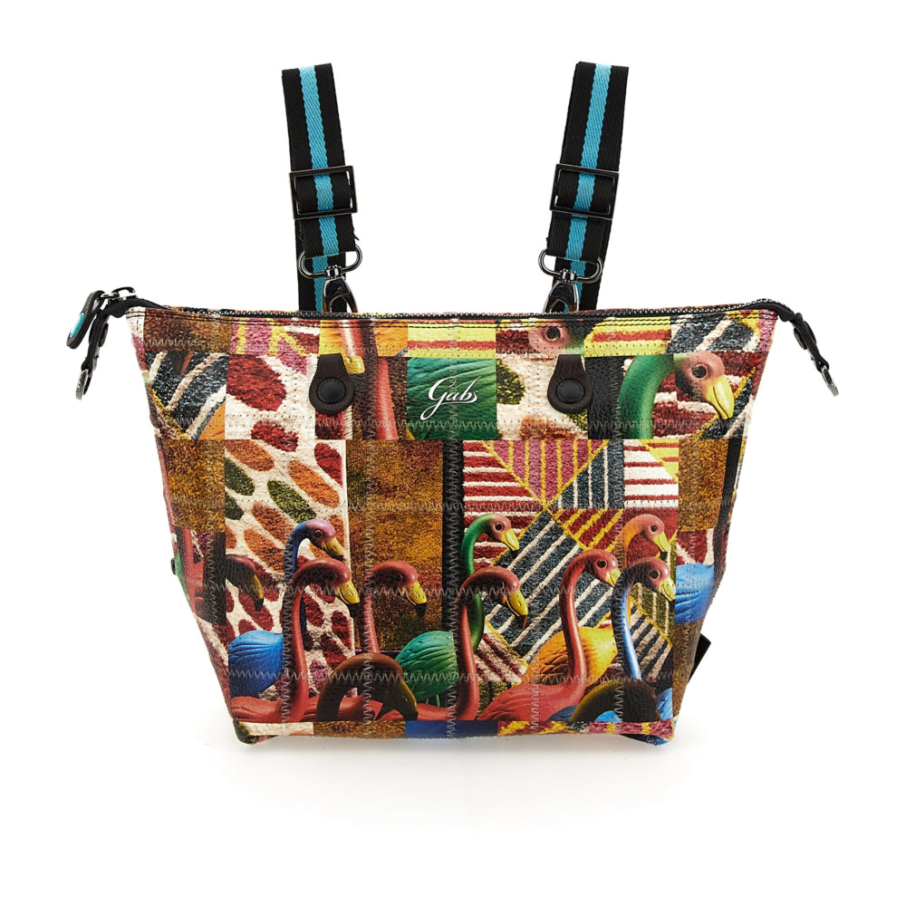 Borsa Donna a Mano con Tracolla GABS G3 PLUS Trasformabile in Pelle Patchwork stampa Fenicotteri Large