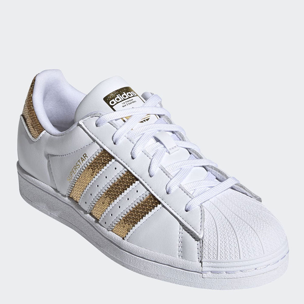 Scarpe Donna ADIDAS Sneakers linea Superstar W in Pelle Bianco e Oro con Paillettes a sconto Cuoieriashop