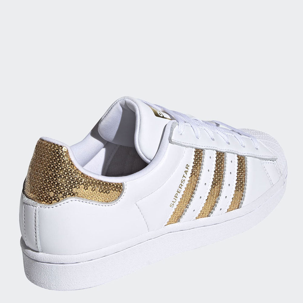 Scarpe Donna ADIDAS Sneakers linea Superstar W in Pelle Bianco e Oro con Paillettes a sconto Cuoieriashop