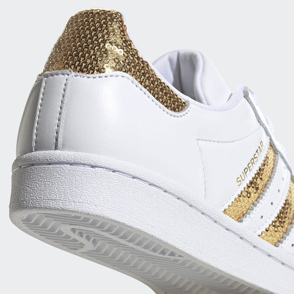 Scarpe Donna ADIDAS Sneakers linea Superstar W in Pelle Bianco e Oro con Paillettes