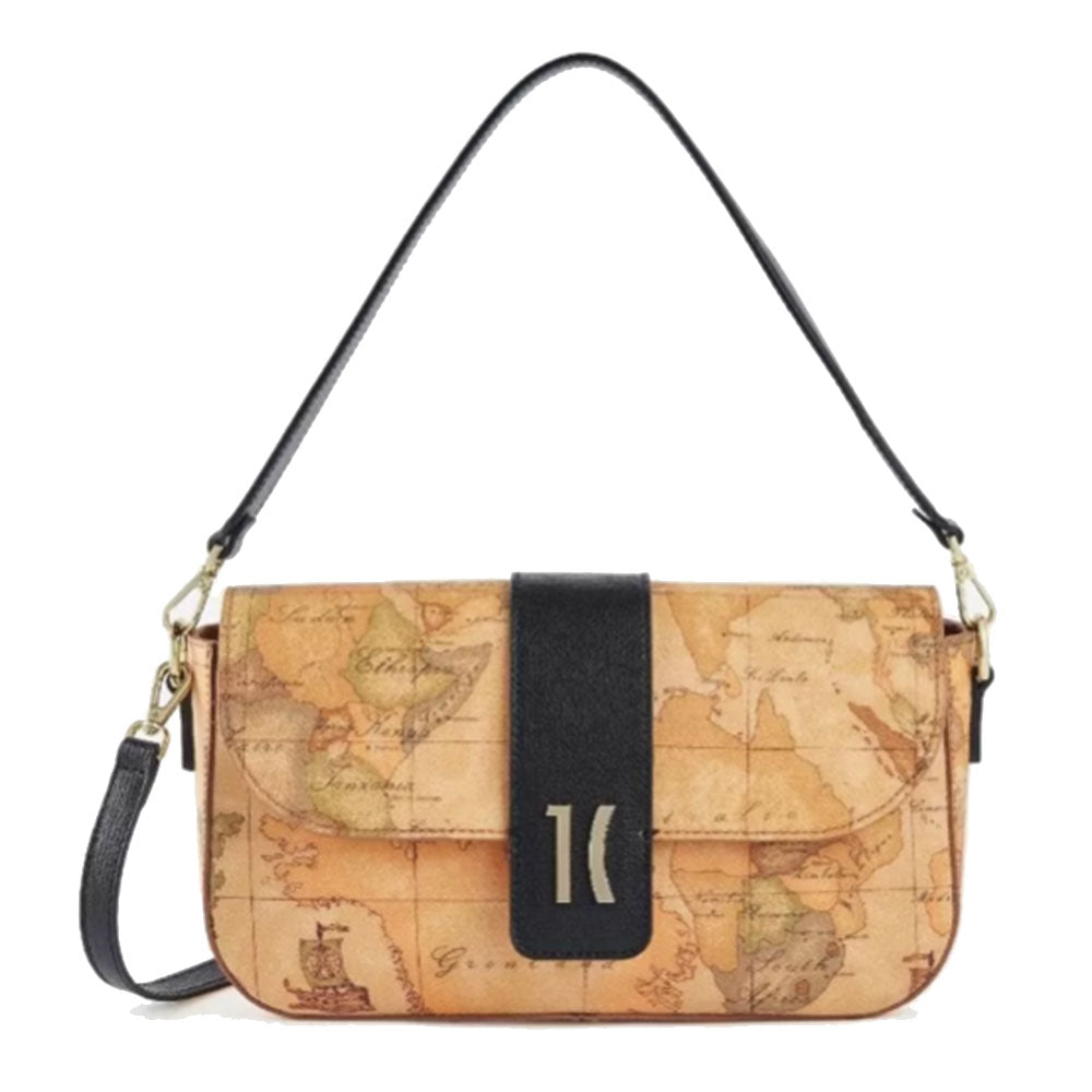 Baguette-Damentasche mit Schultergurt 1A Classe Alviero Martini Idol Bag-Linie mit Geo Classic-Print und Schwarz GZ07