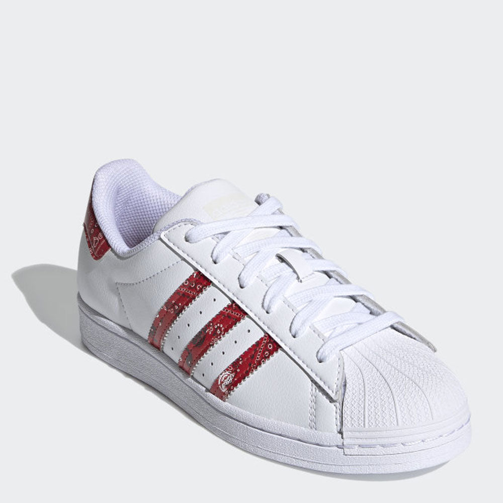 Scarpe Donna ADIDAS Sneakers linea Superstar W in Pelle Bianco e Rosso stampa Bandana