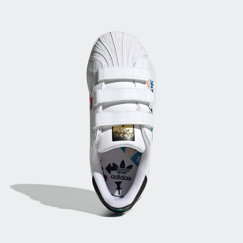 Scarpe Bambino ADIDAS Sneakers con Strappi linea Superstar Pure CF C colore Bianco Nero e Oro