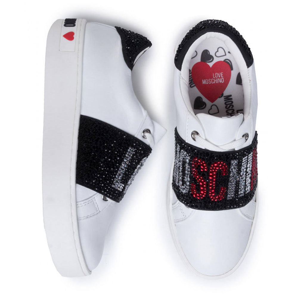 Scarpe Donna LOVE MOSCHINO Sneakers in Pelle Bianca con Fascia Logata con Strass