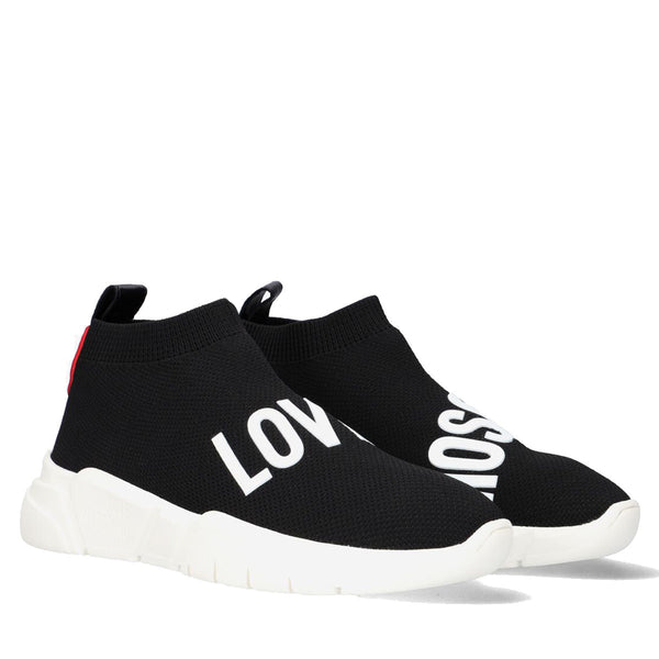 Damenschuhe LOVE MOSCHINO Schwarze Low Sock Running Sneakers mit Kontrastlogo