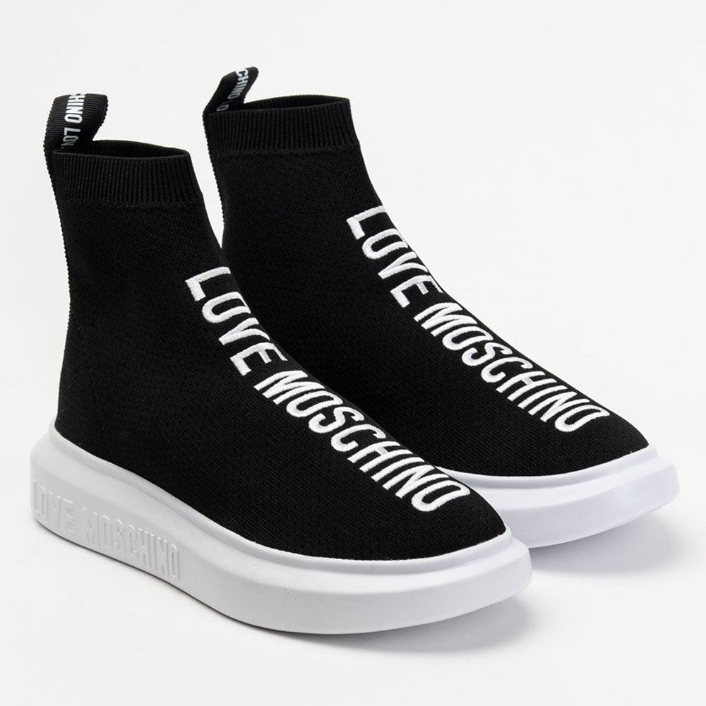 Scarpe Donna LOVE MOSCHINO Sneakers a Calzino in Tessuto Nero con Logo Ricamato