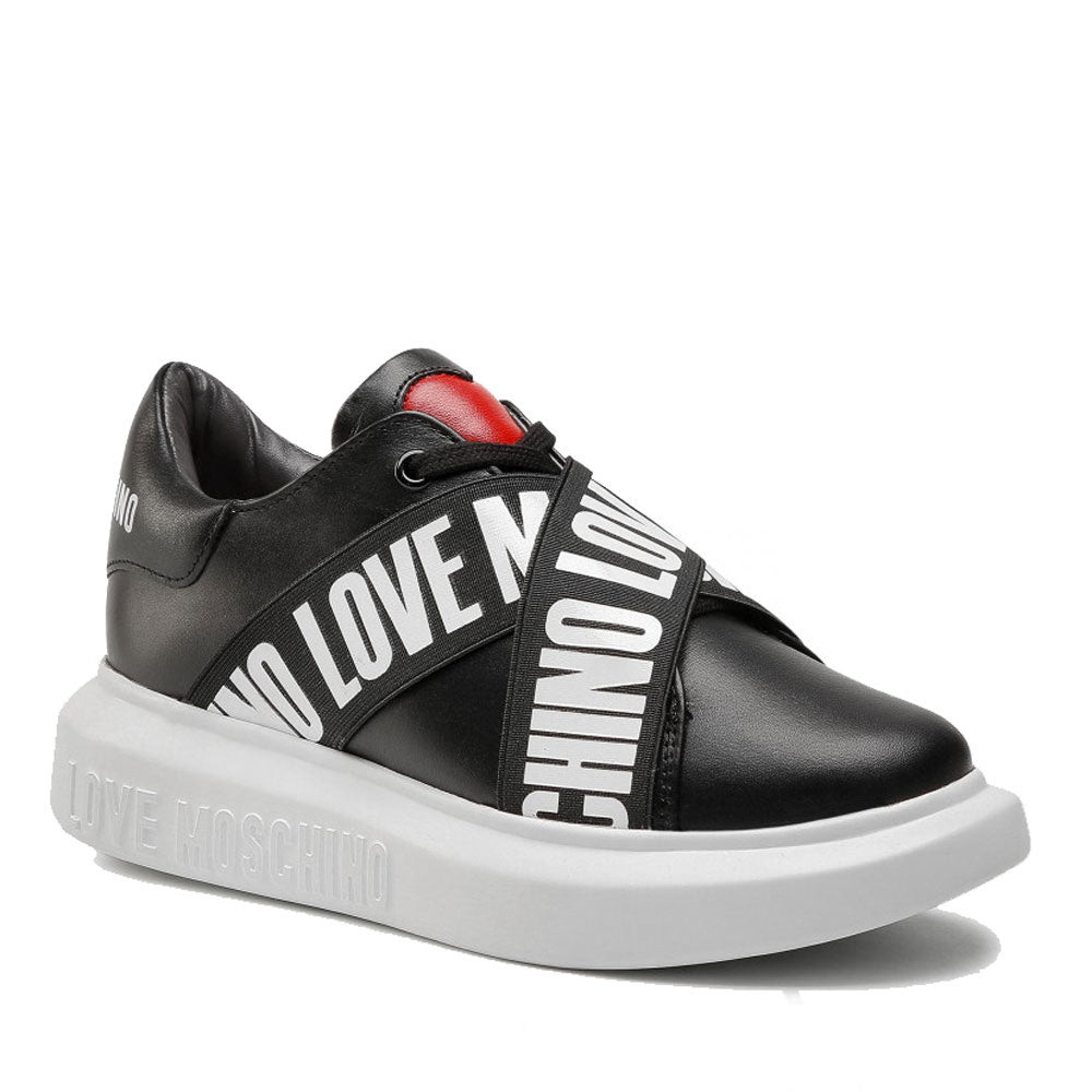 Damenschuhe LOVE MOSCHINO Schwarze Ledersneaker mit Gummizug mit Logo