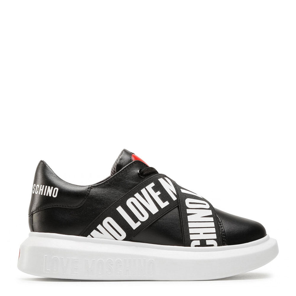 Damenschuhe LOVE MOSCHINO Schwarze Ledersneaker mit Gummizug mit Logo