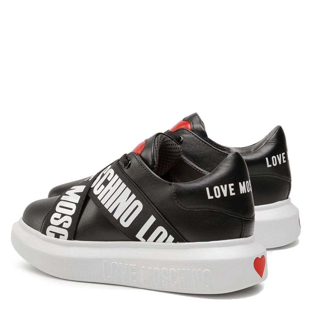 Damenschuhe LOVE MOSCHINO Schwarze Ledersneaker mit Gummizug mit Logo