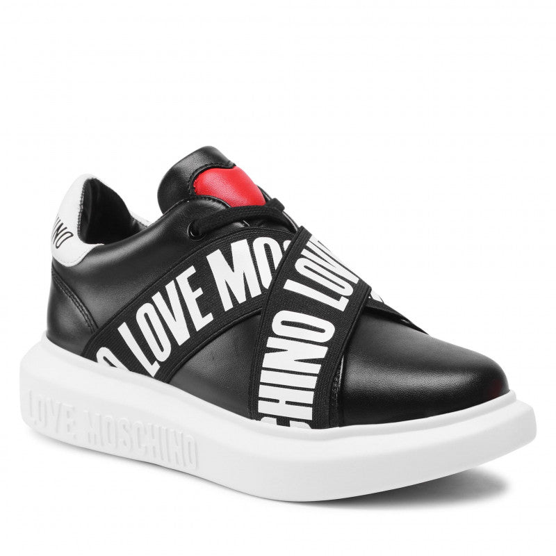 Damenschuhe LOVE MOSCHINO Leder-Sneaker mit Logo-Gummizug in Schwarz und Weiß JA15264