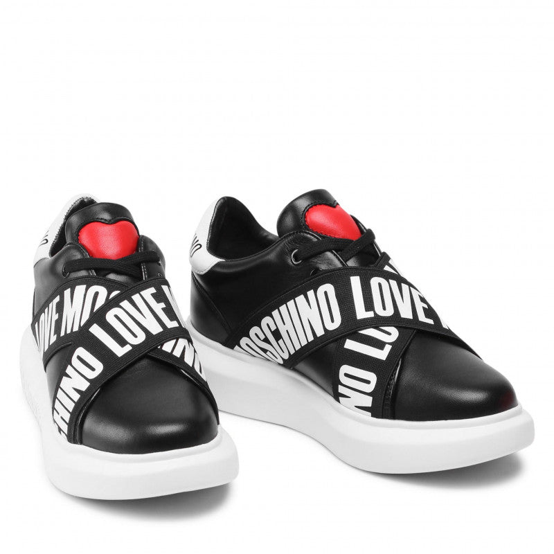 Damenschuhe LOVE MOSCHINO Leder-Sneaker mit Logo-Gummizug in Schwarz und Weiß JA15264