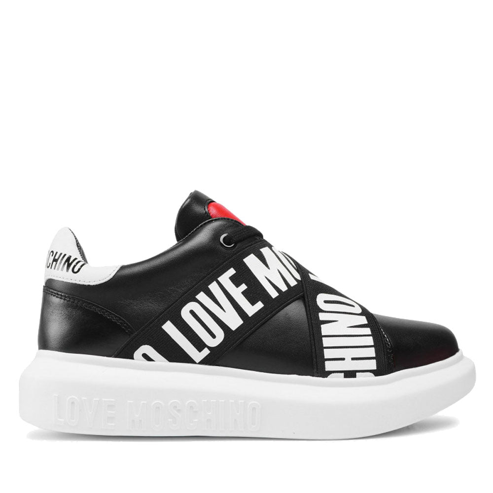 Damenschuhe LOVE MOSCHINO Leder-Sneaker mit Logo-Gummizug in Schwarz und Weiß JA15264