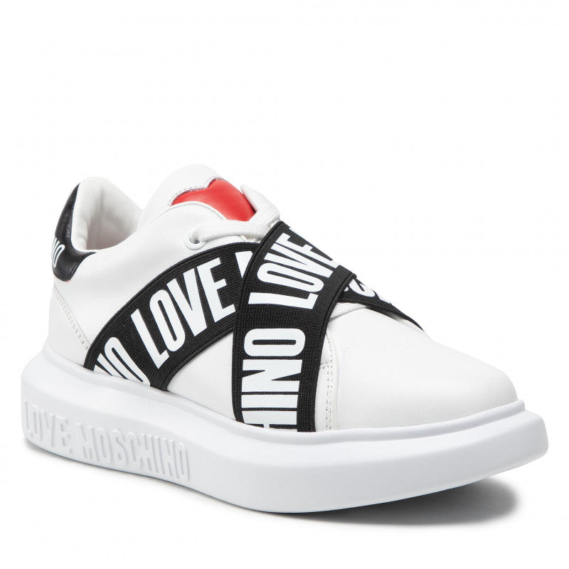 Damenschuhe LOVE MOSCHINO Leder-Sneakers mit Gummizug mit Logo in Weiß und Schwarz JA15264