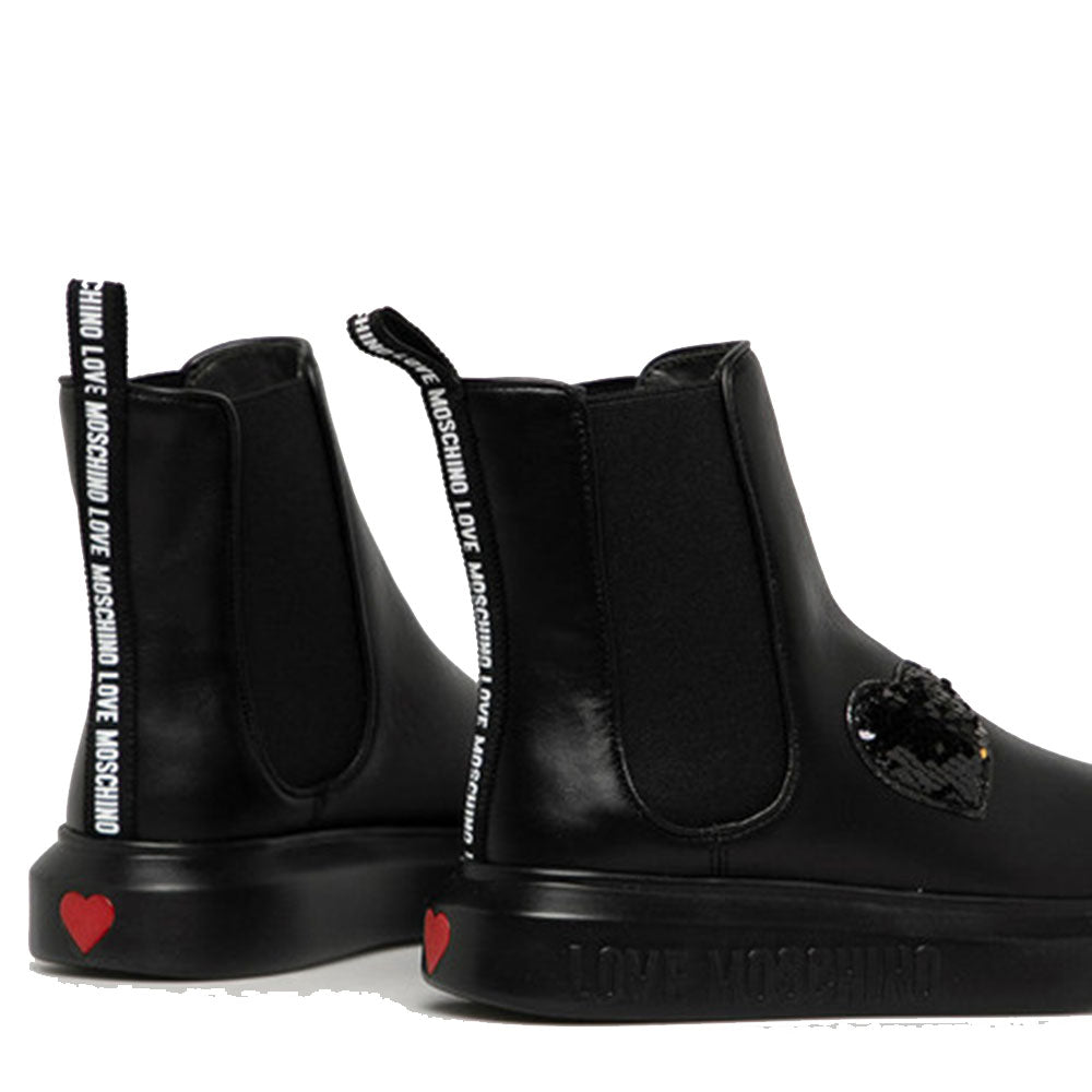 Damenschuhe LOVE MOSCHINO Schwarze Leder-Stiefeletten Street Love-Linie mit Pailletten