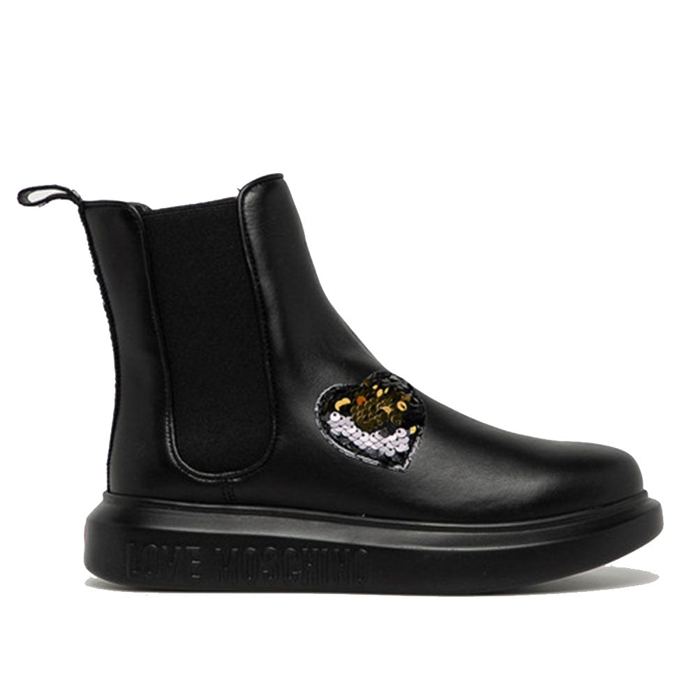 Damenschuhe LOVE MOSCHINO Schwarze Leder-Stiefeletten Street Love-Linie mit Pailletten