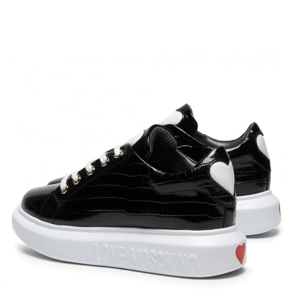 Damenschuhe LOVE MOSCHINO Schwarze Ledersneaker mit Kroko-Print