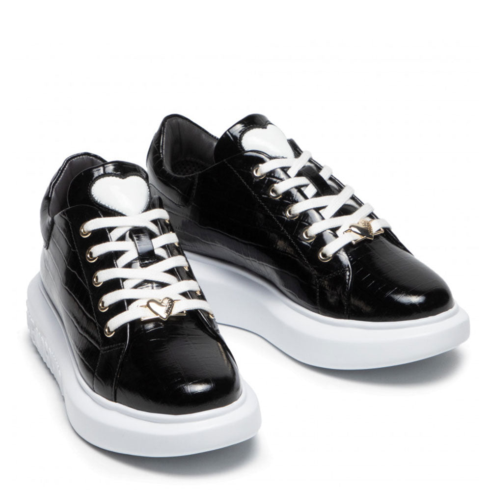 Damenschuhe LOVE MOSCHINO Schwarze Ledersneaker mit Kroko-Print